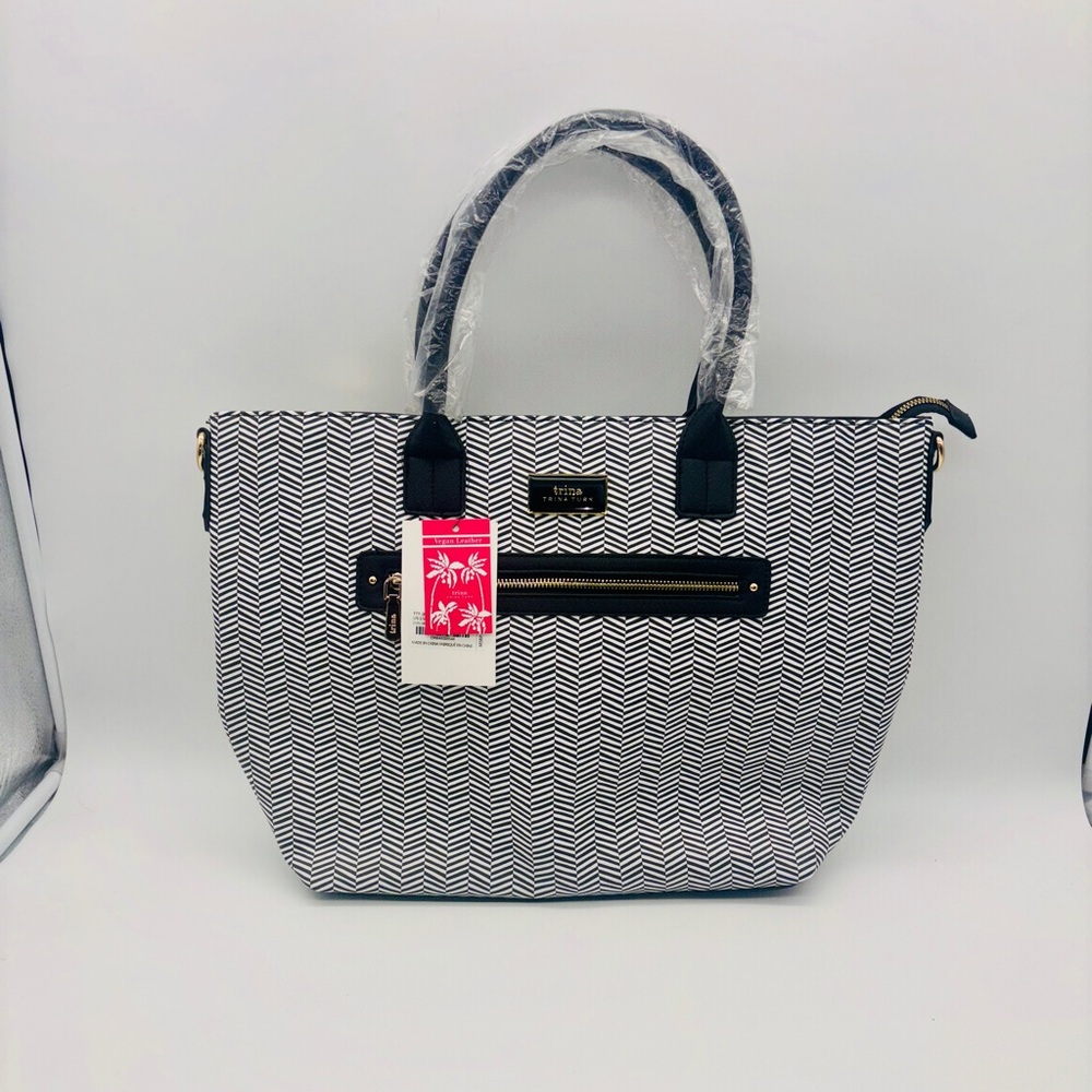 Trina Turk Black and White Chevron Tote, Vegan Leather, NWT, MSRP $148